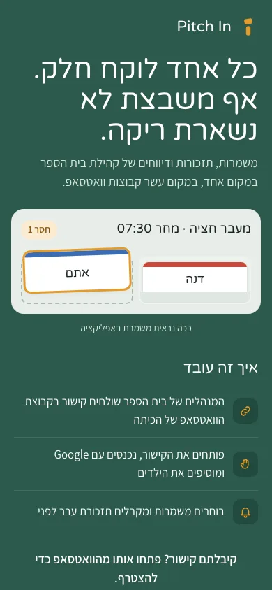 Pitch In landing page in Hebrew: a headline, a sample crossing shift with one open seat, and three steps for joining.
