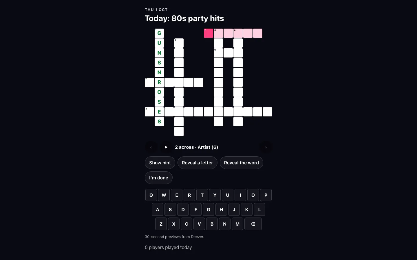 Daily music crossword with part of the grid filled in, hint buttons and an on-screen keyboard.