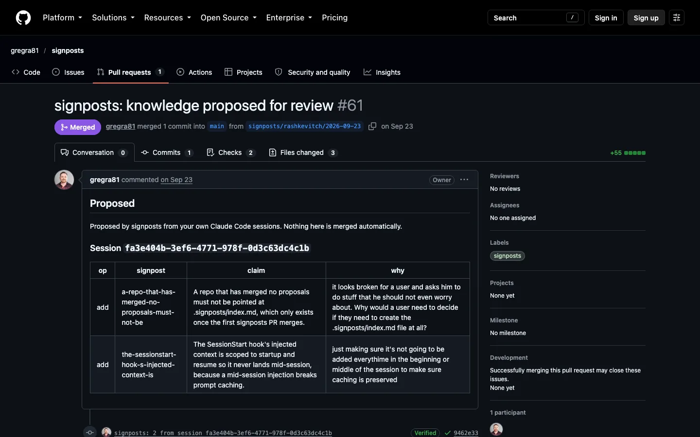 A merged signposts pull request on GitHub that proposes two signposts as a table.